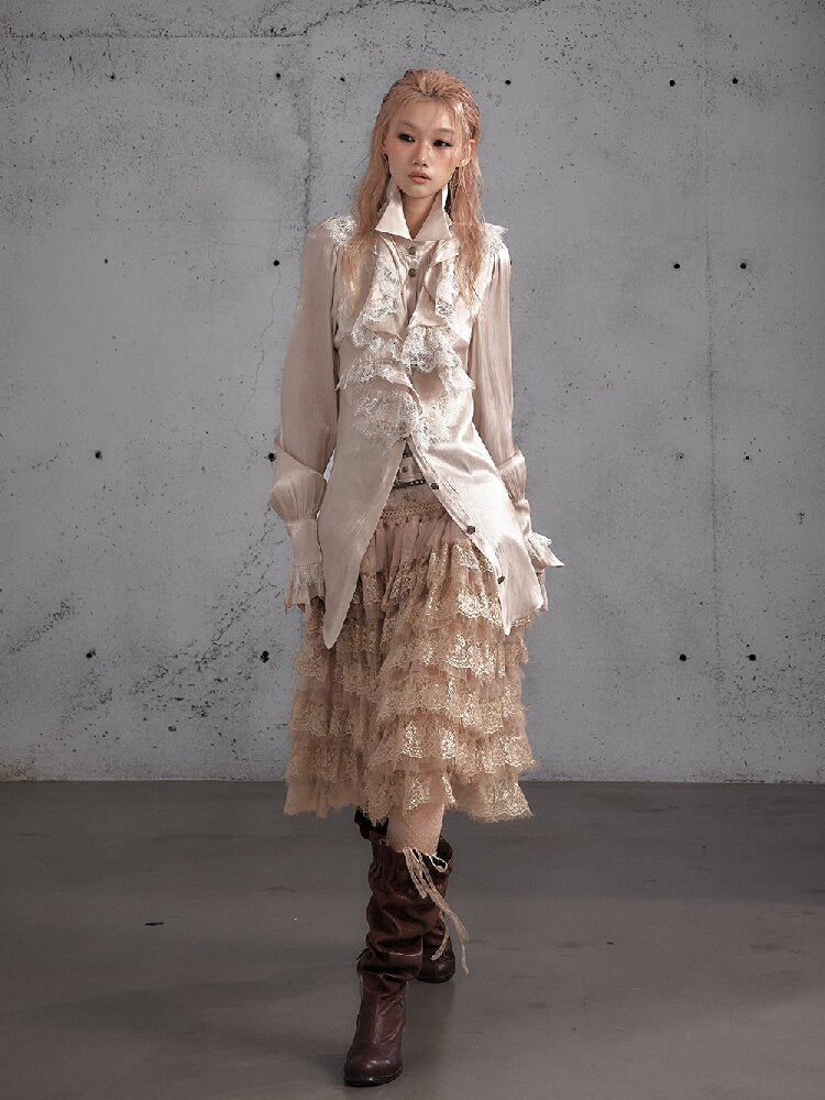 Ruffled Lace Satin Silk Shirt【s0000019157】