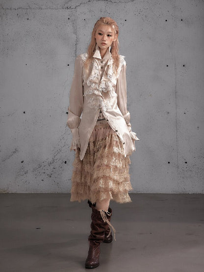 Ruffled Lace Satin Silk Shirt【s0000019157】