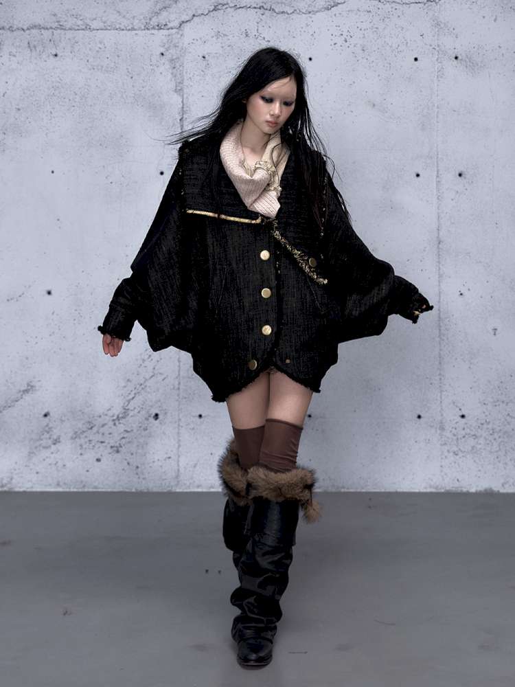 Punk Plaid Denim Bat Woolen Coat【s0000014929】