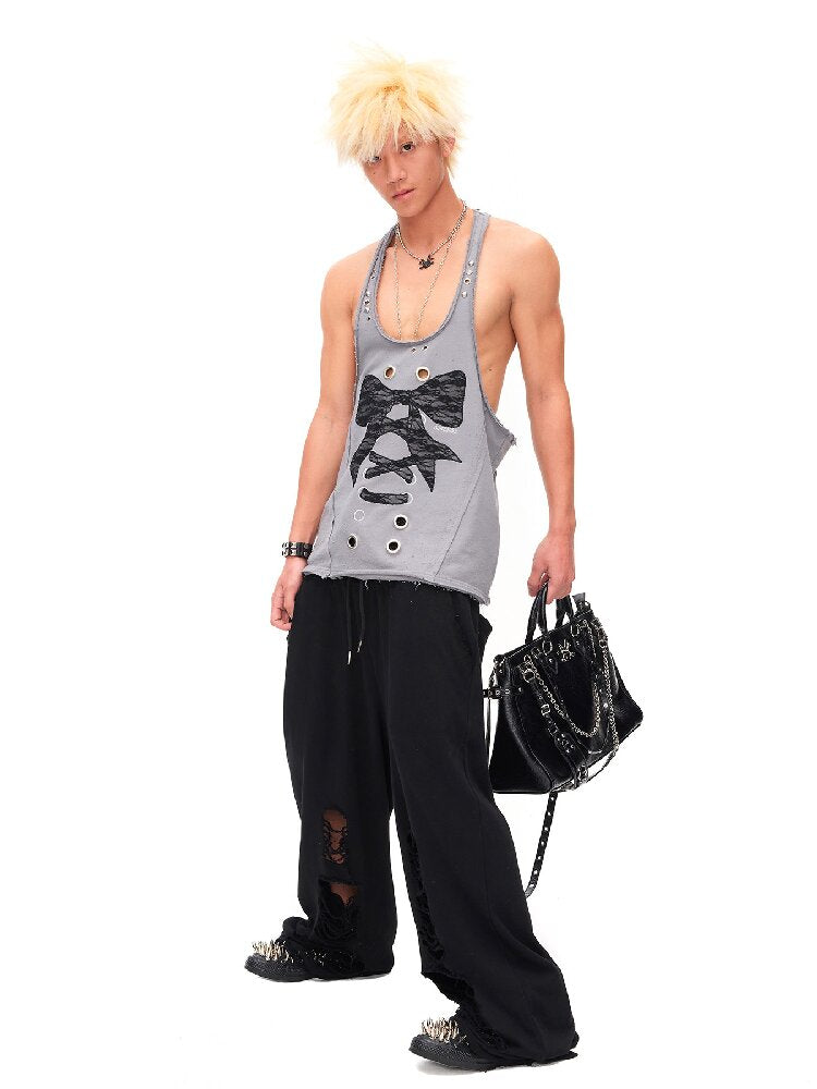 Lace Bow Rivet Distressed Vest【s0000016496】