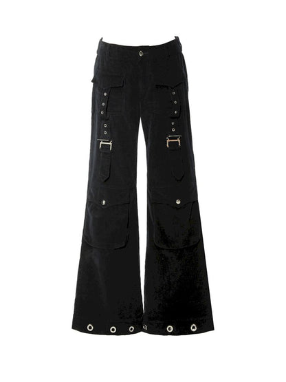 D-ring air eyelets decorated loose thin straight pants【s0000006272】