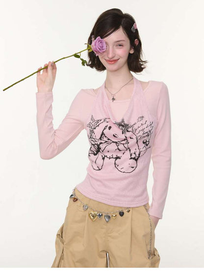 Rabbit Print Slim Halterneck Top【s0000015436】