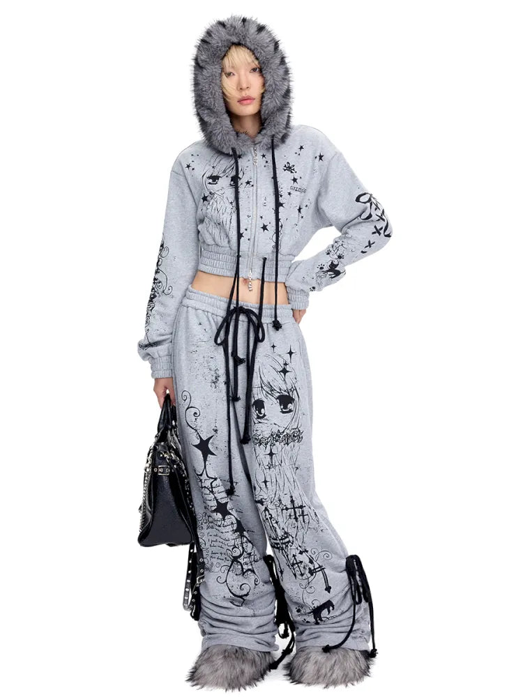 Doodle Print Puffy Drawstring Sweatpants【s0000014092】