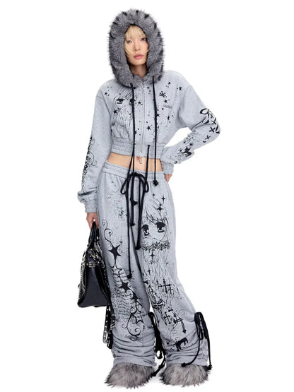 Doodle Print Puffy Drawstring Sweatpants【s0000014092】