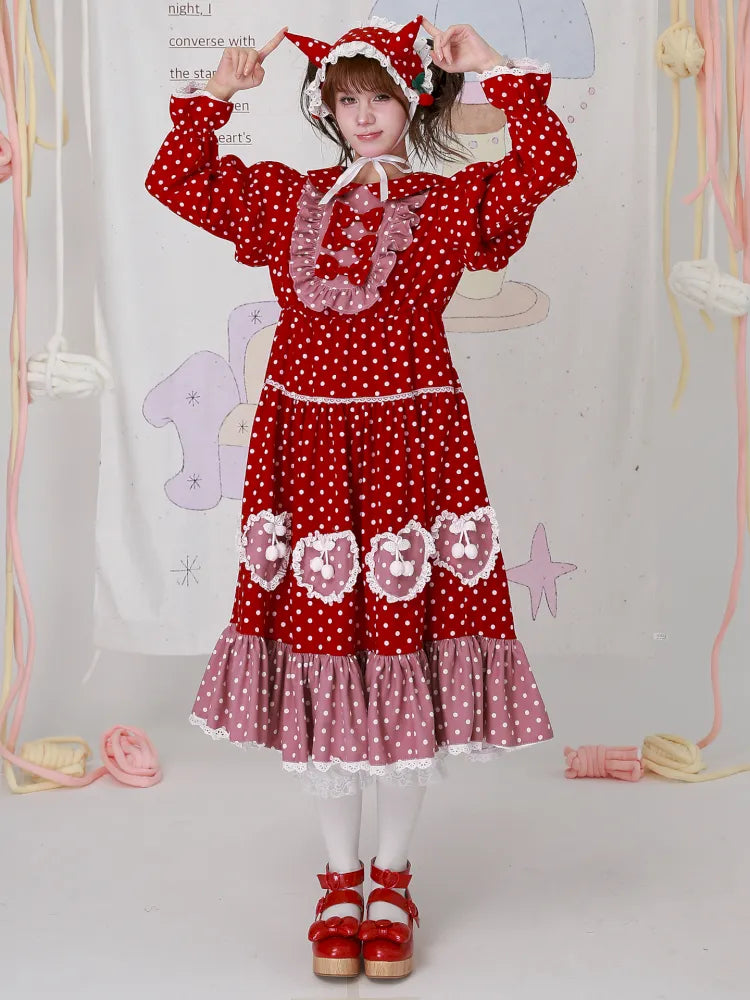 Lolita old-fashioned red polka dot niche dress【s0000014109】