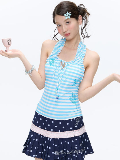 Blue Striped Halterneck Swimsuit【s0000016396】