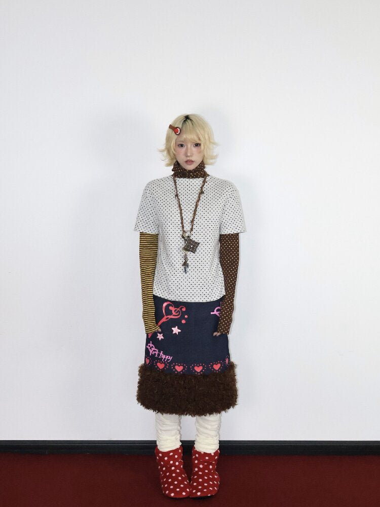 Heartbeat Print Denim Fleece Skirt【s0000018670】