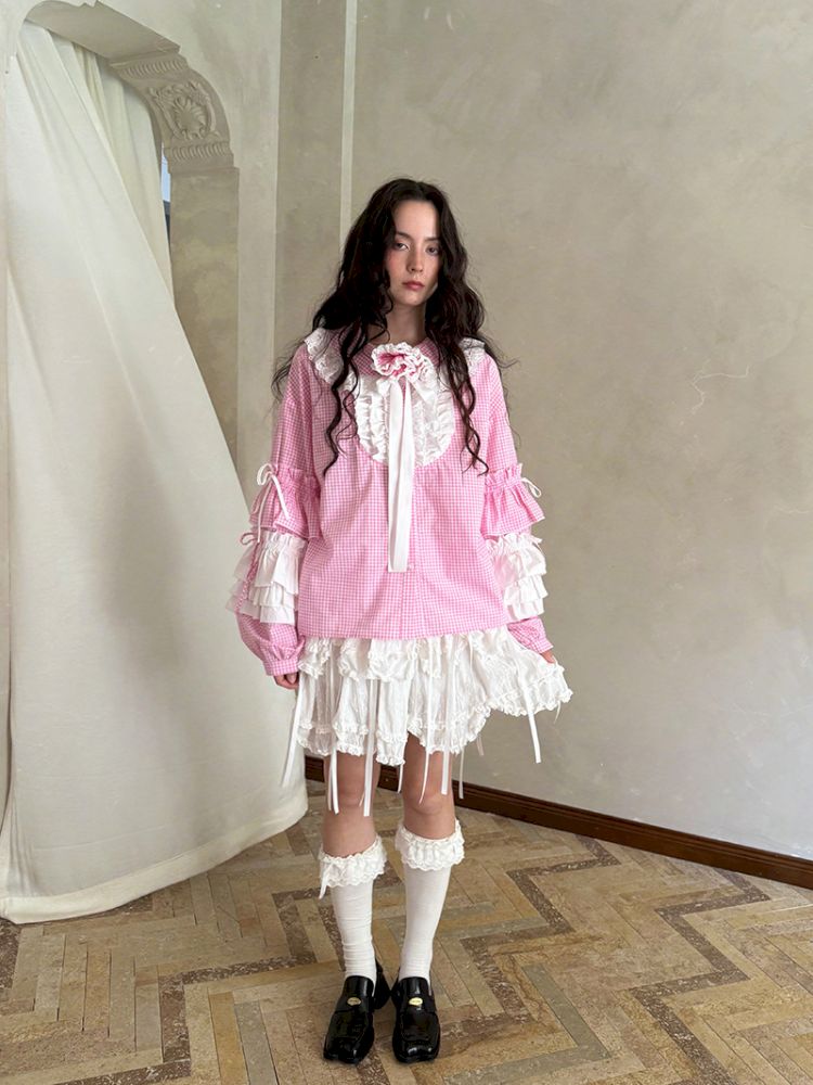 Pink checkered lace trim long-sleeved shirt【s0000012761】