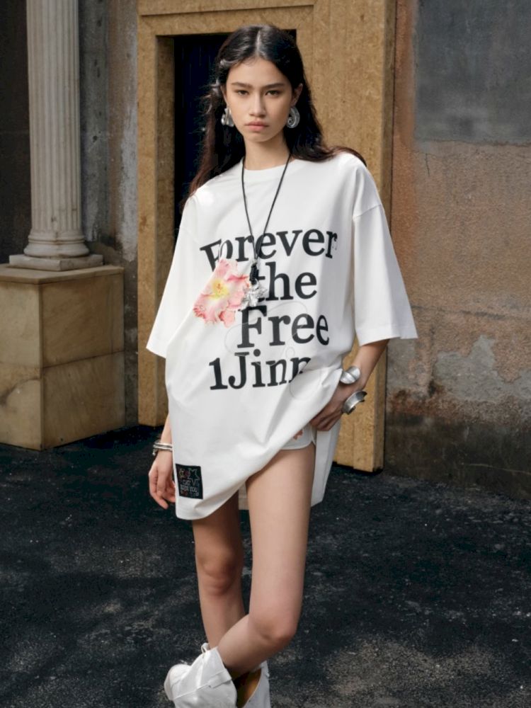 Floral letter print oversize big t-shirt【s0000012400】