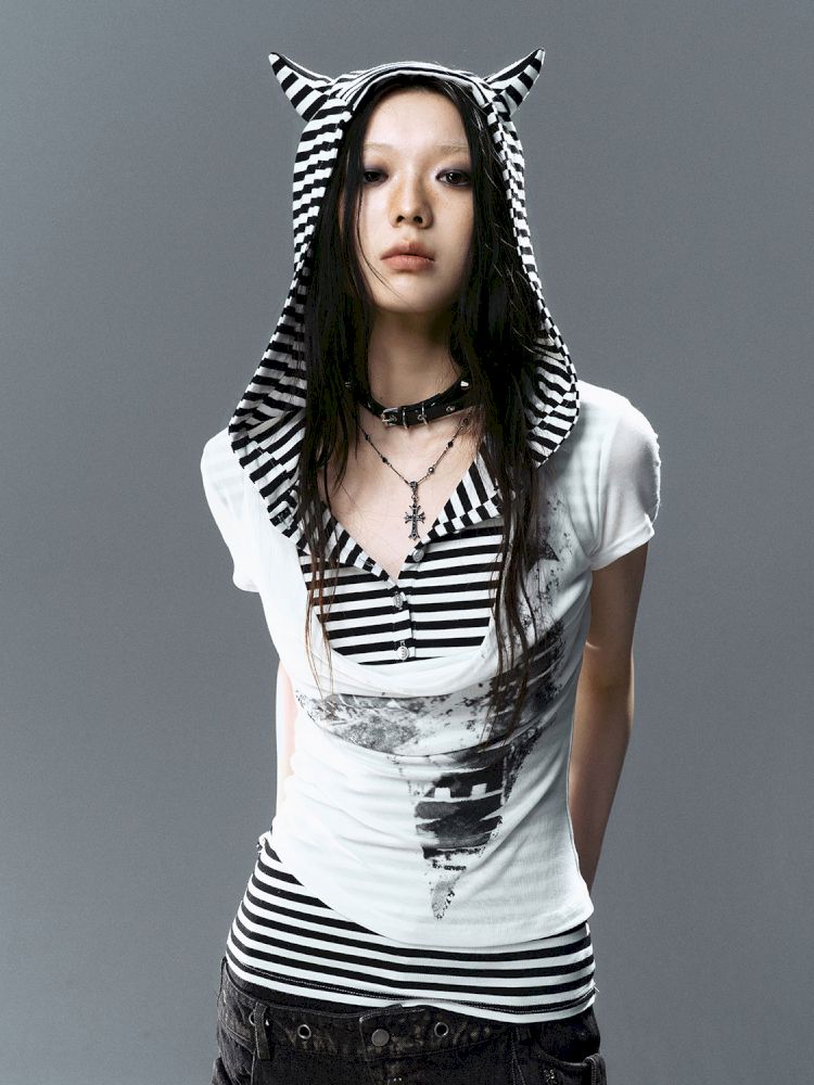 Swing Neck Striped Short Sleeve T-Shirt【s0000012807】