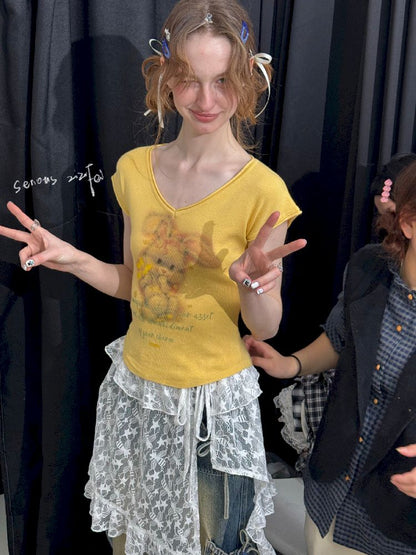 Rabbit Printing V-Neck Short Sleeve T-shirt【s0000012236】