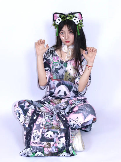 Panda Patchwork Print Off-Shoulder T-Shirt【s0000013979】