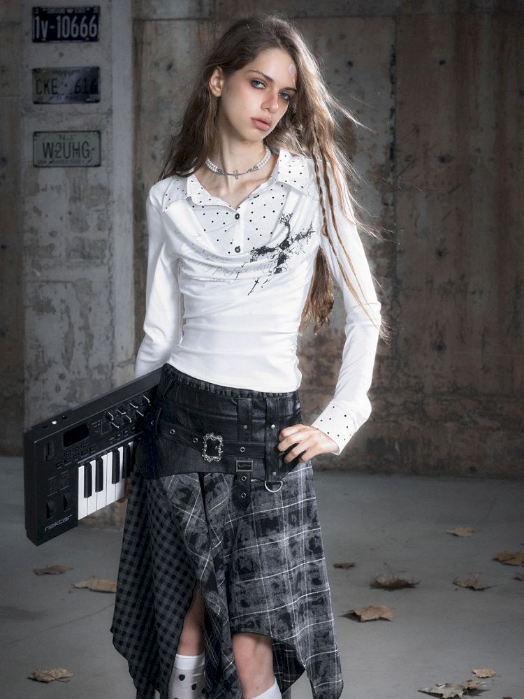 Plaid Tie-Dye Black Swing Neck Long Sleeve Blouse【s0000013887】