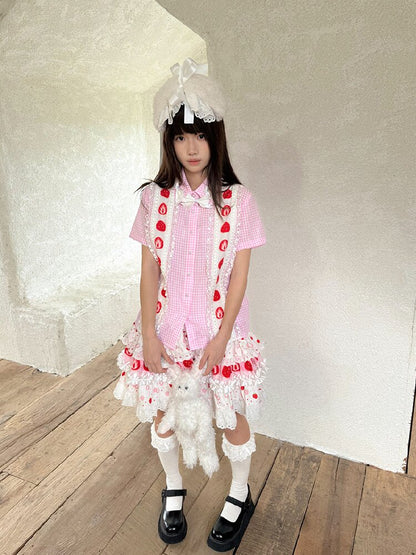Plaid Lace Bow Short Sleeve Shirt【s0000018541】