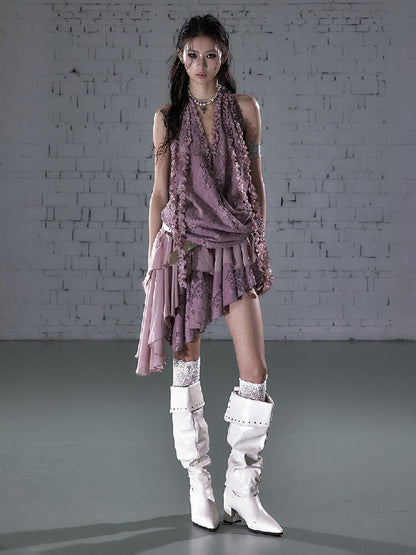 Lace Irregular Hem Halter Dress【s0000016206】