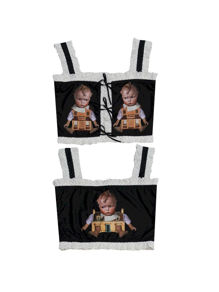 Cute doll print lace bow vest【s0000012760】