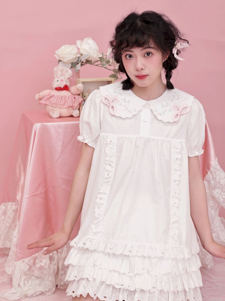 Doll collar puff sleeve lace shirt【s0000012852】