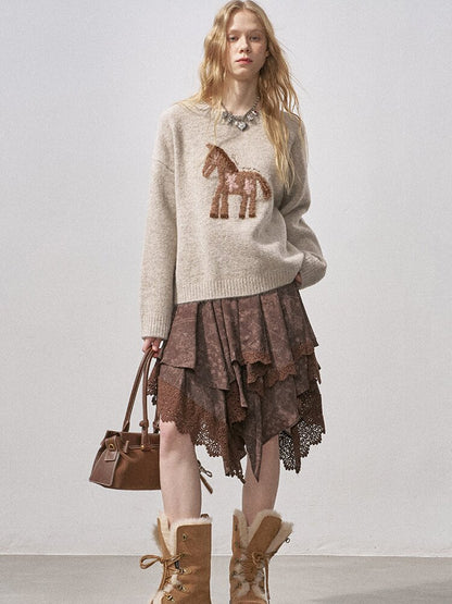 Lace Paneled Irregular Skirt【s0000015901】