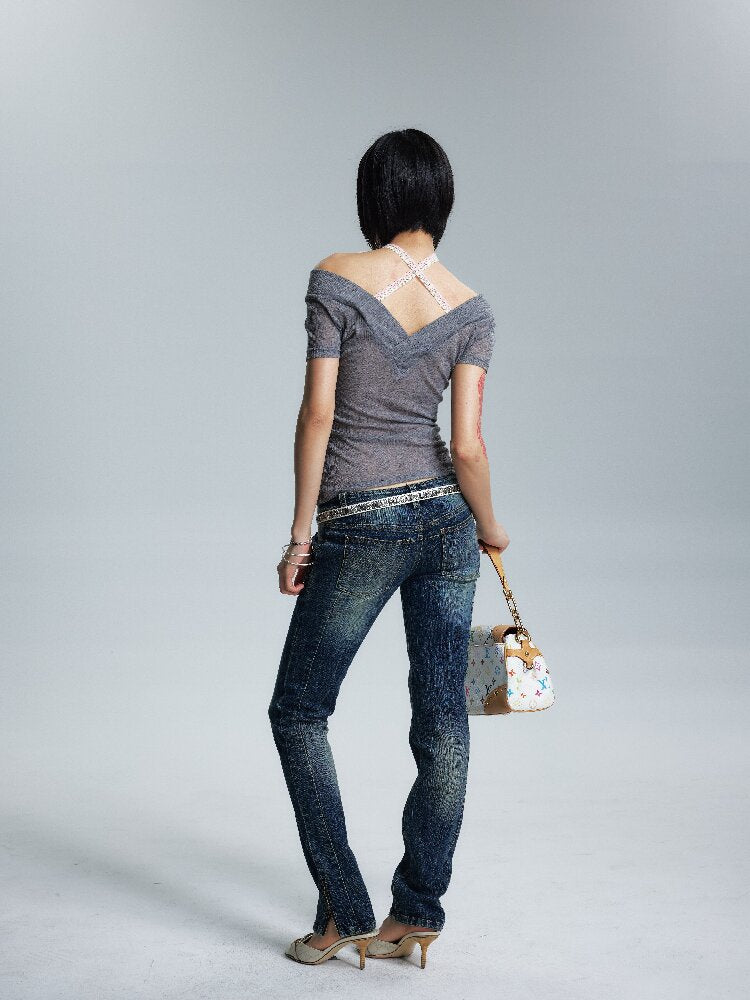 Thin Slim Large V Neck One Shoulder T【s0000017009】