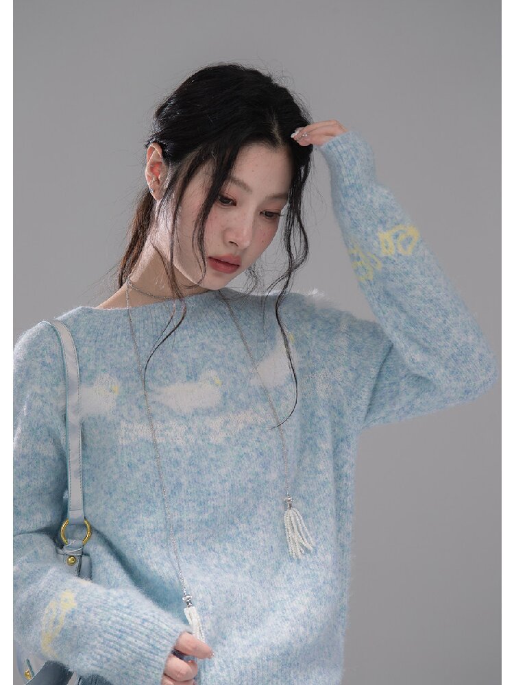 Blue One-Shoulder Jacquard Sweater【s0000015736】