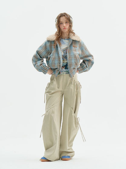 모피 칼라 슬림 블루 격자 무늬 짧은 코트 [S0000011507]