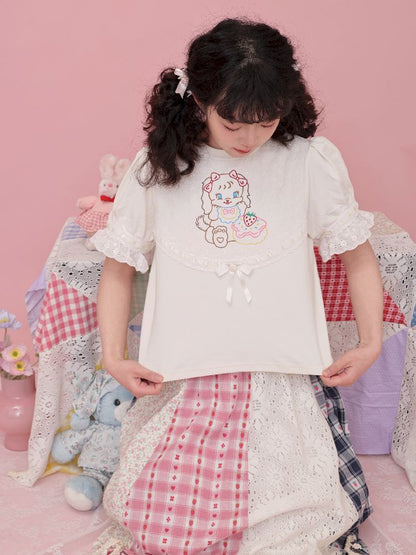 Lace Ribbon Bubble Sleeve T-Shirt【s0000012014】