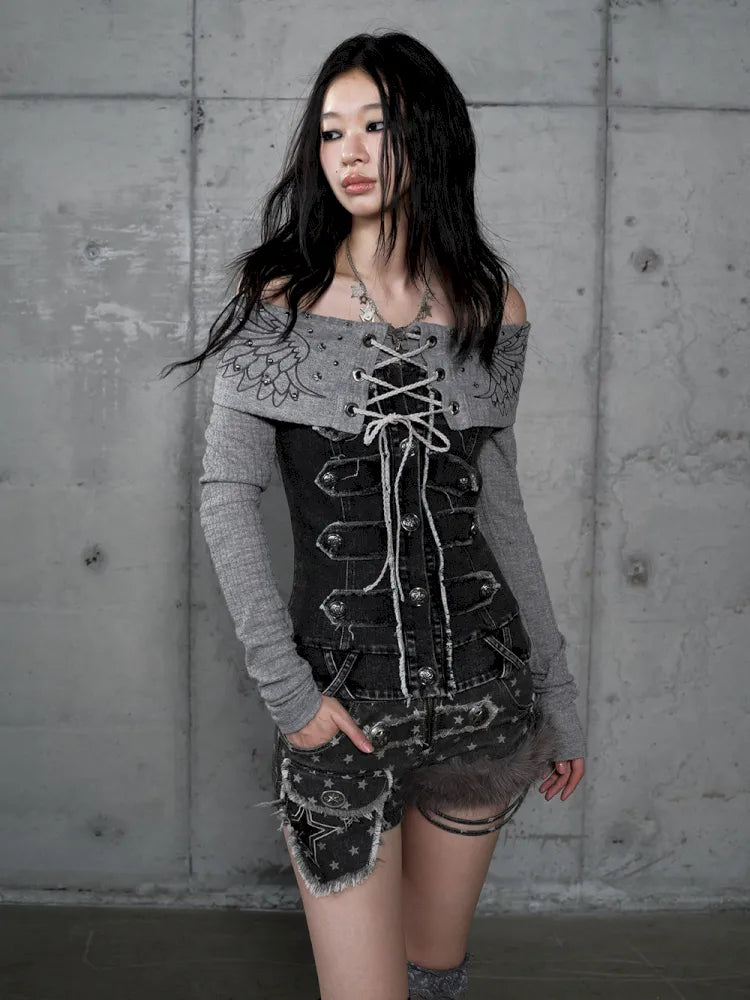 Rhinestone Off-Shoulder Long-Sleeve T-Shirt【s0000014118】