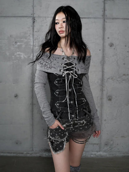 Rhinestone Off-Shoulder Long-Sleeve T-Shirt【s0000014118】