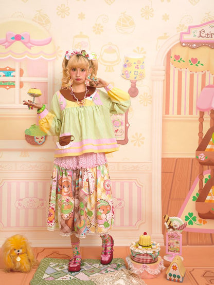 Asymmetric Neck Cute Doll Shirt【s0000013349】