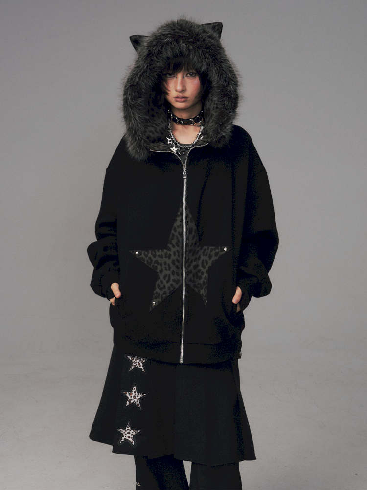 Cat Ears Leopard Print Fleece Hooded Jacket【s0000014708】
