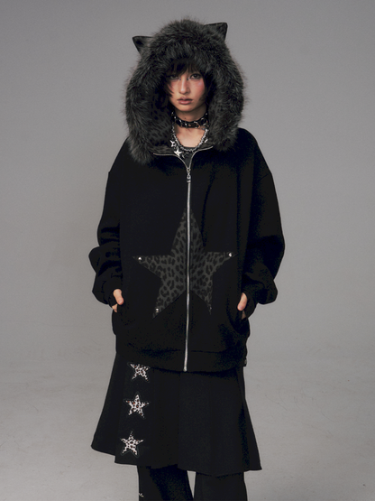 Cat Ears Leopard Print Fleece Hooded Jacket【s0000014708】