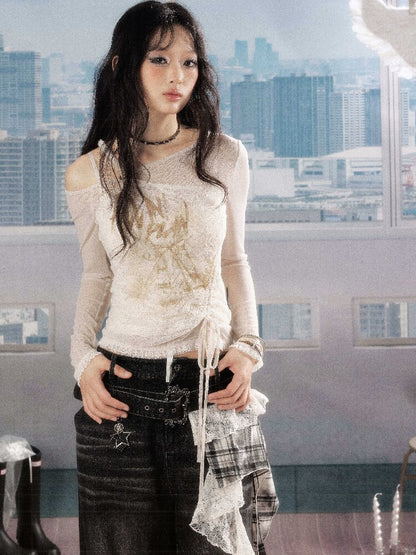 Lace Print Slanted Shoulder Tee【s0000016270】