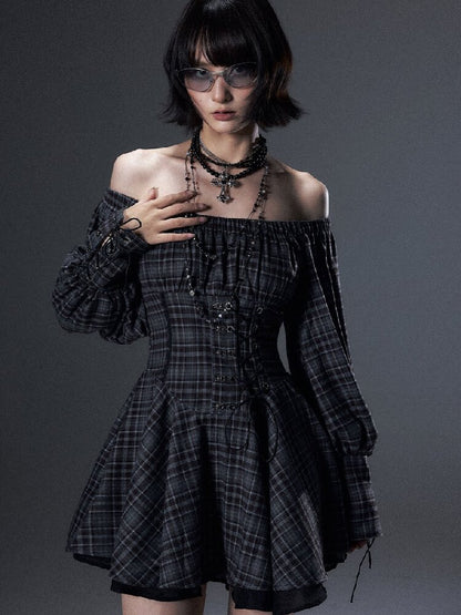 Vintage Plaid Off-Shoulder Dress【s0000018002】