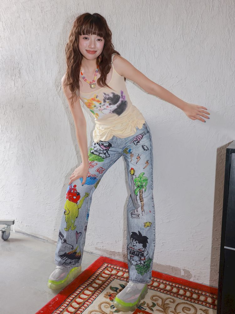 White Graffiti Denim Trousers【s0000013337】