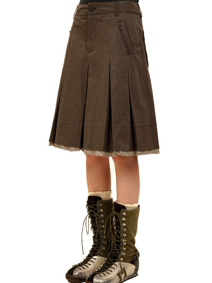 Patchwork Plaid Pleated Midi Skirt【s0000017940】