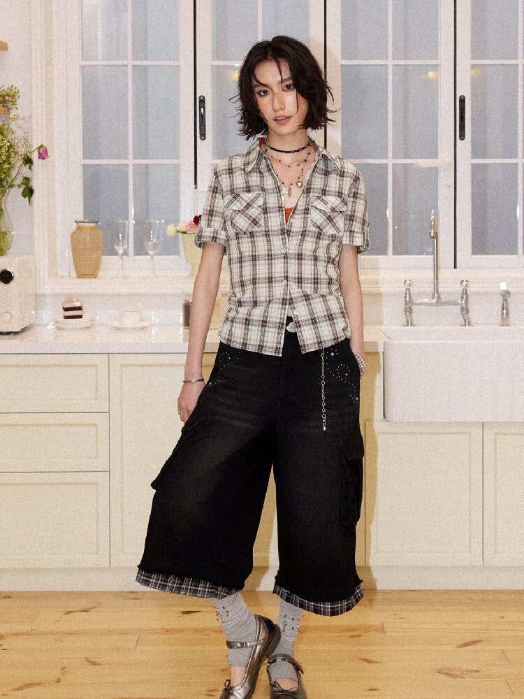 Spliced Plaid Diamond Wide Jeans【s0000016659】