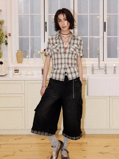 Spliced Plaid Diamond Wide Jeans【s0000016659】