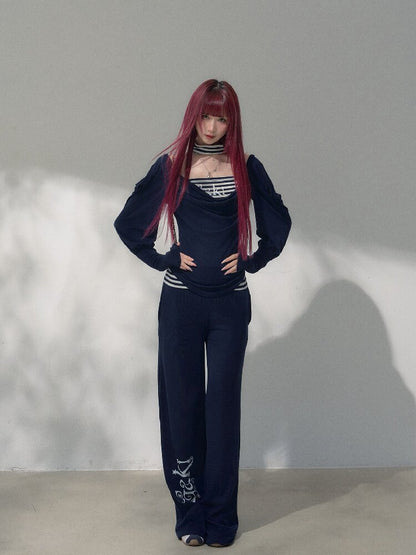 Navy Blue Wool Patchwork Pants【s0000019258】