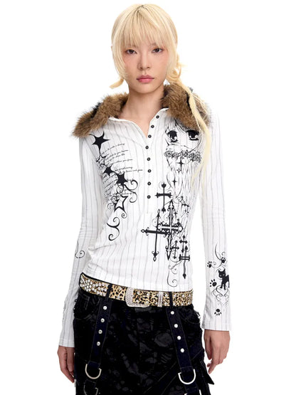 Fur Collar Long-Sleeve Polo Shirt【s0000014091】