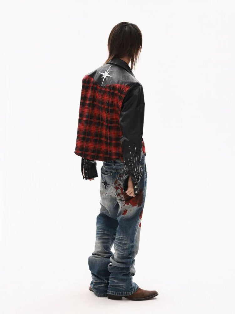 Embroidery Slogan Plaid Leather Jacket【s0000018353】