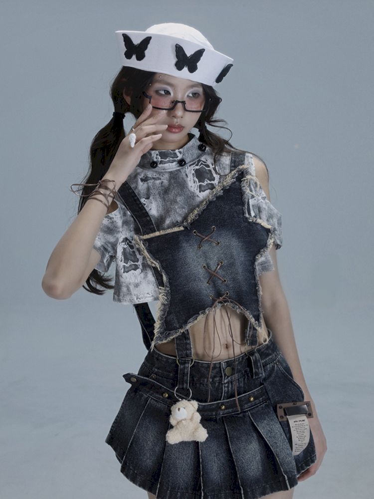 Washable gal niche denim bib culottes【s0000013490】