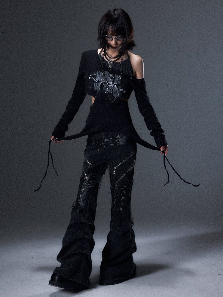 Punk Striped Halter Long-Sleeve T【s0000018003】