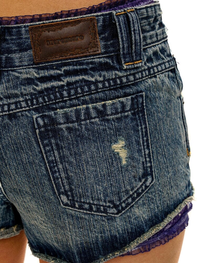 Riveted Plaid Fabric Denim Shorts【s0000017427】