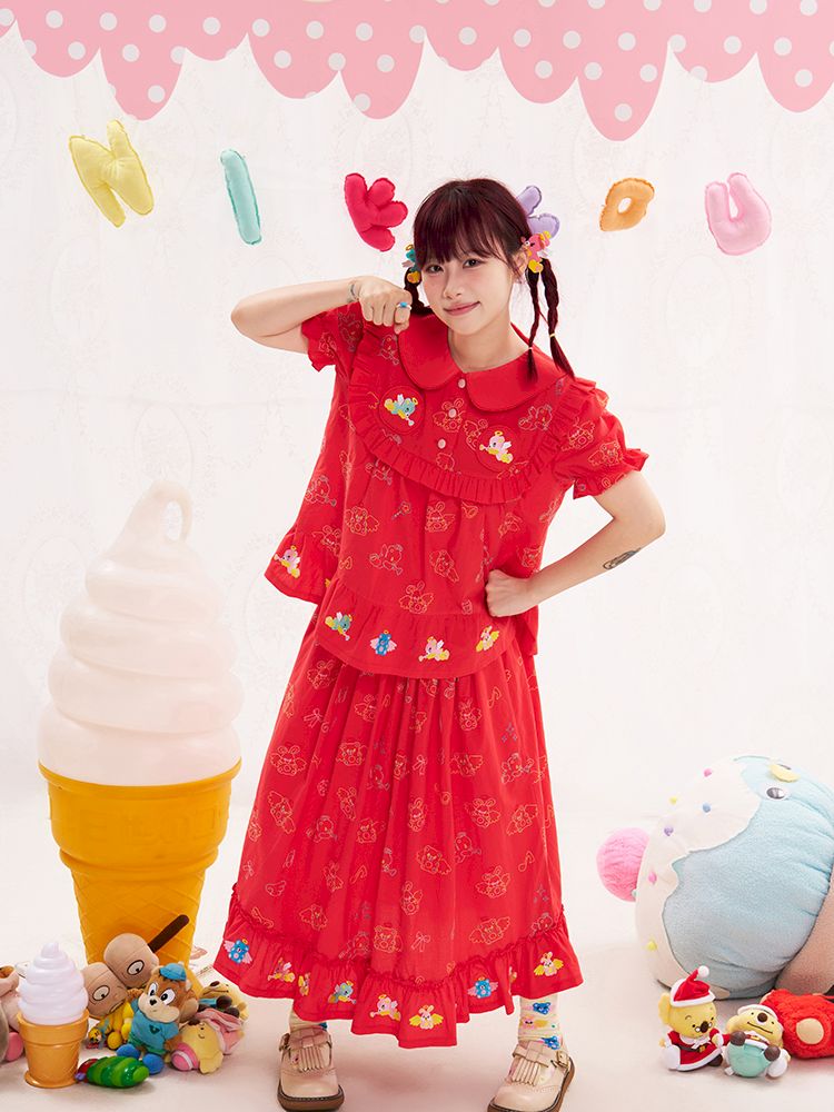 Animal angel heavy embroidery red doll shirt【s0000013184】