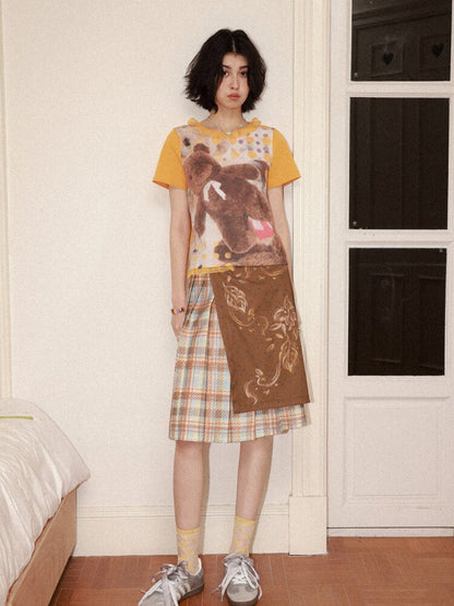 Plaid Flower Pleated Spliced Skirt【s0000015465】