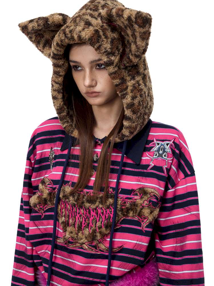 Pink Striped Leopard Cat Ear Hood【s0000015115】