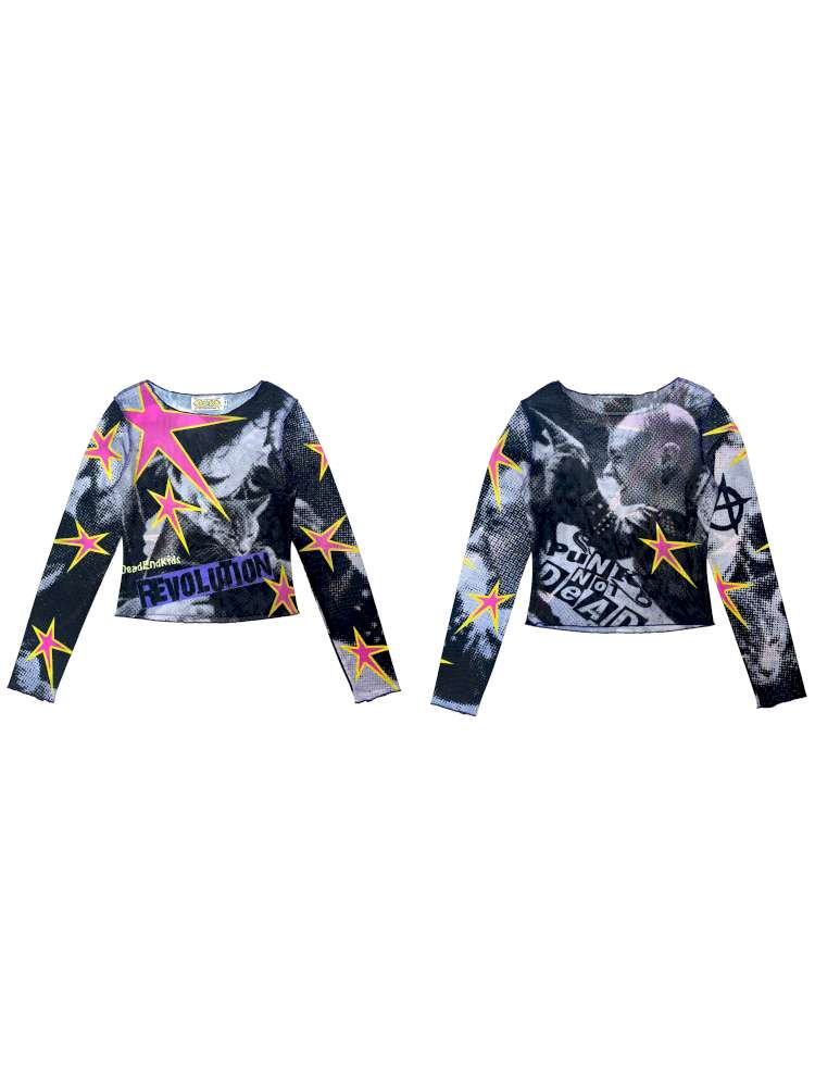 Y2K Millennium Print Long Sleeve Mesh Top【s0000014915】