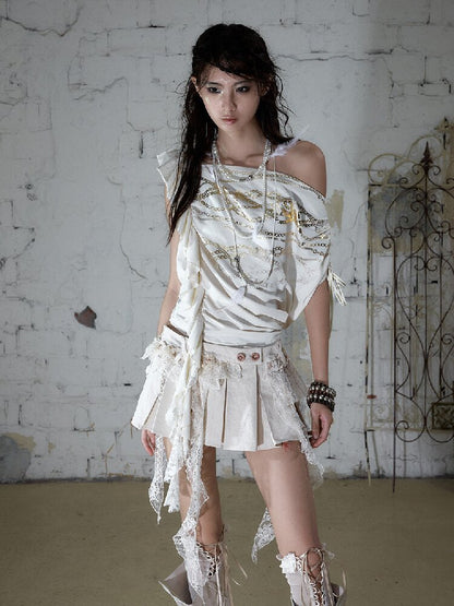 Foil Chain Print Asymmetrical T-Shirt【s0000016979】
