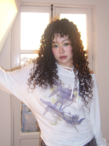 Mist Orchid Print Lace Up Top【s0000015457】