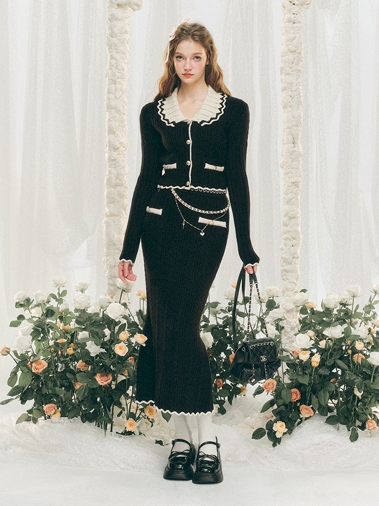 Knit Cardigan Wrap Hip Skirt Two Piece Chambray Set【s0000005286】